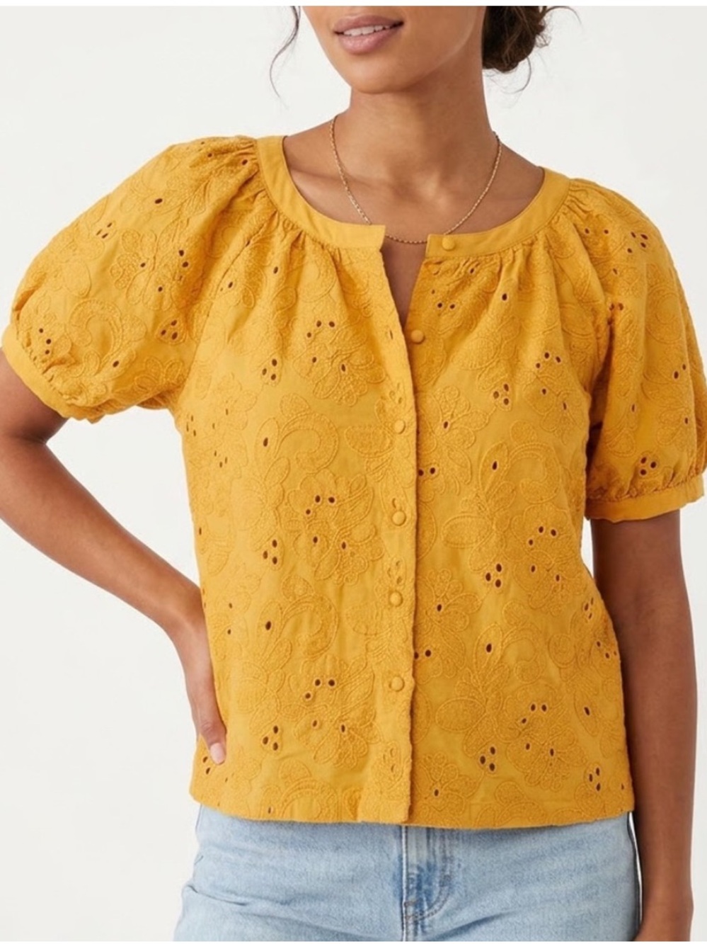 Calypso St. Barth XL Mustard Eyelet Embroidered Puff Sleeve Blouse